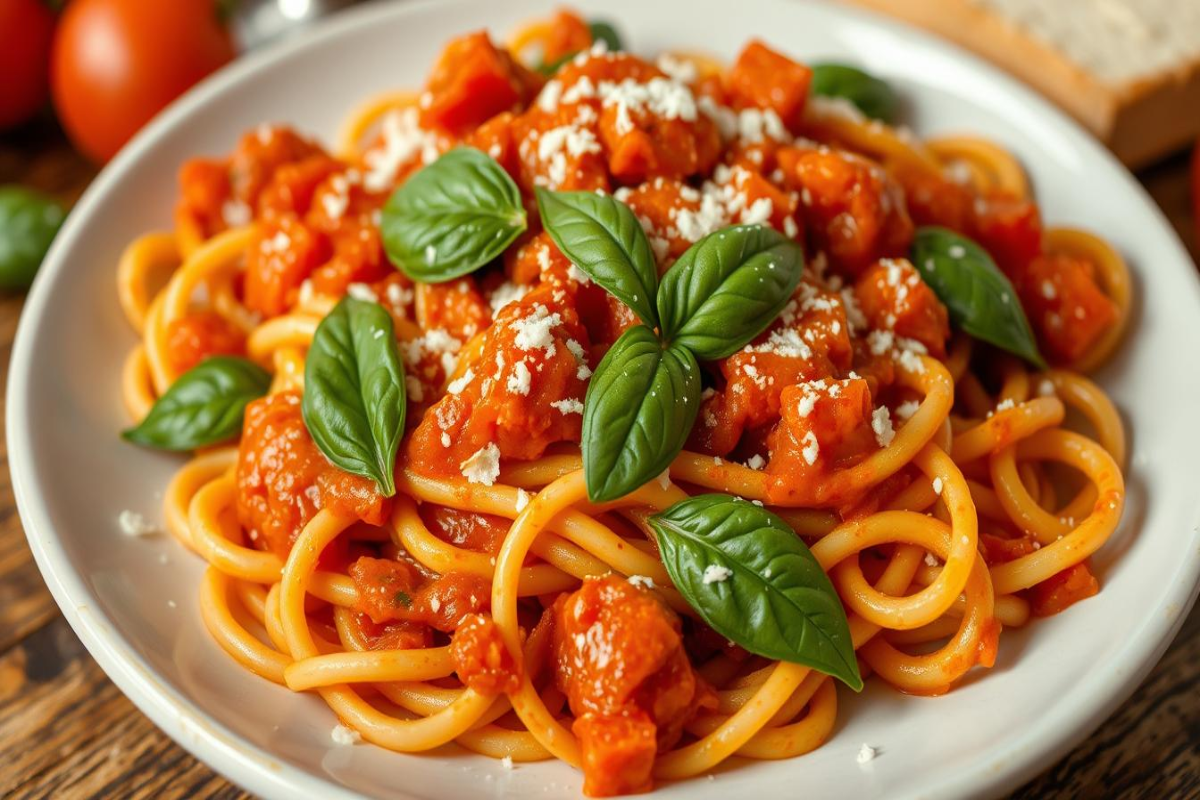 A close-up of a plate of pasta topped with rich tomato sauce, fresh basil leaves, and grated cheese.