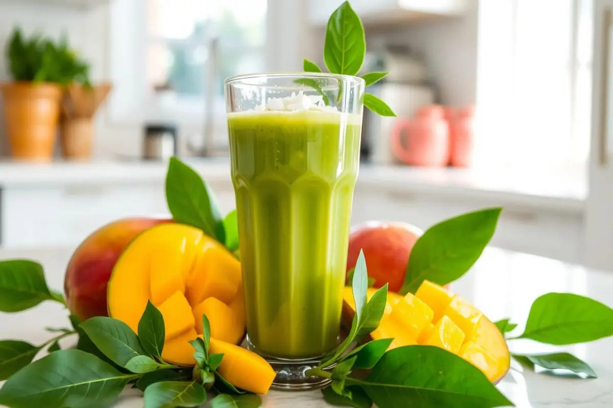 A vibrant green mango smoothie in a tall glass surrounded by fresh mango slices and green leaves, placed in a bright kitchen.