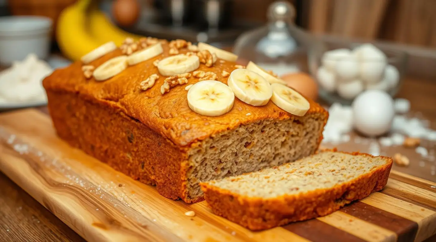 Freshly baked banana bread topped with banana slices and walnuts on a wooden cutting board