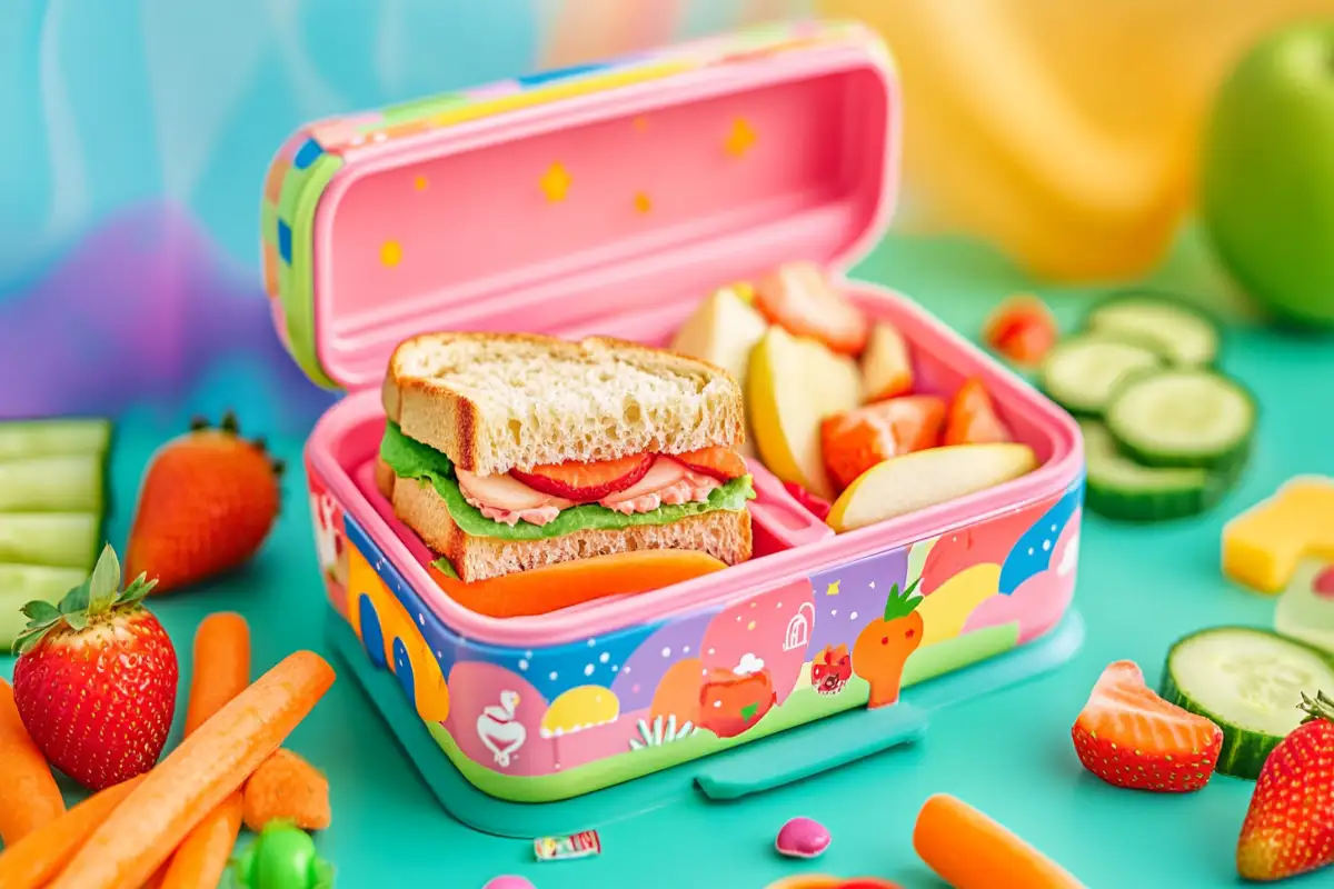 Colorful preschool lunchbox featuring a sandwich, apple slices, carrots, and strawberries with vibrant decorations.