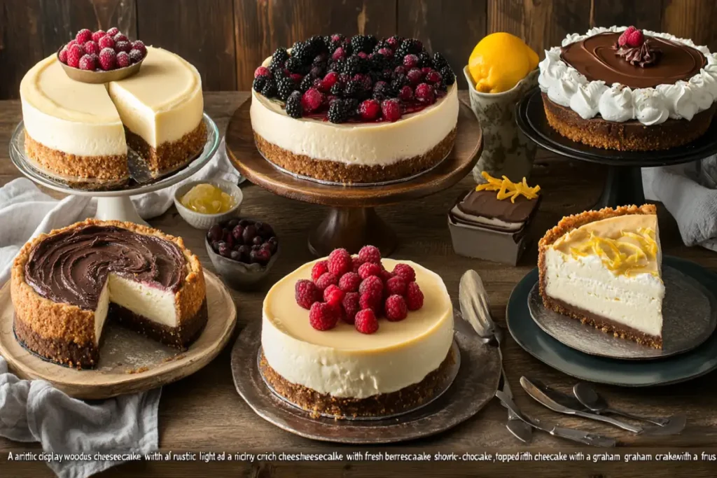 A rustic display of assorted cheesecakes on wooden stands, featuring a variety of toppings including fresh raspberries, blackberries, chocolate ganache, and lemon zest, with slices cut to reveal their creamy texture