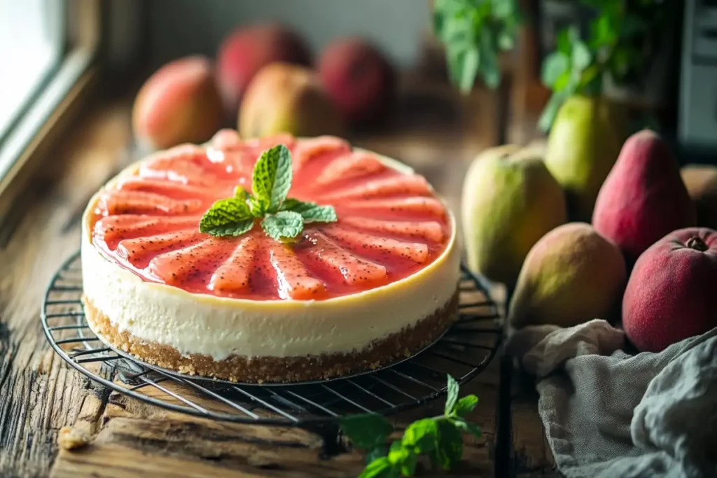 Artificial intelligence-generated image of a creamy guava cheesecake topped with guava slices and mint, surrounded by fresh guavas