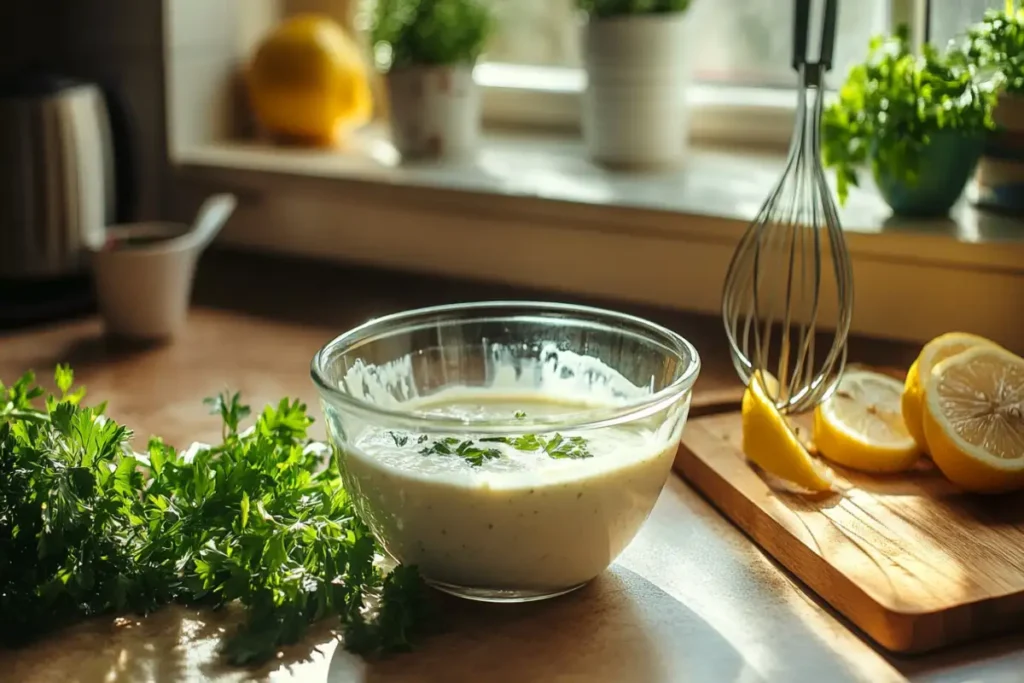 A glass bowl of creamy dressing garnished with parsley, surrounded by fresh herbs, lemon slices, and a whisk on a rustic kitchen counter.