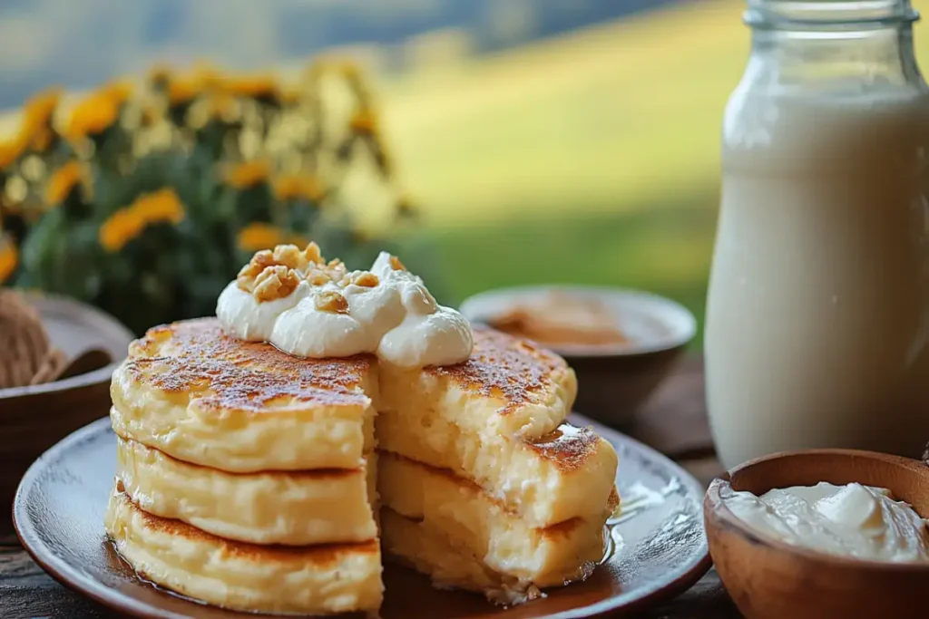 A stack of fluffy pancakes topped with whipped cream and chopped nuts, accompanied by a bottle of milk on a wooden table with a scenic countryside background