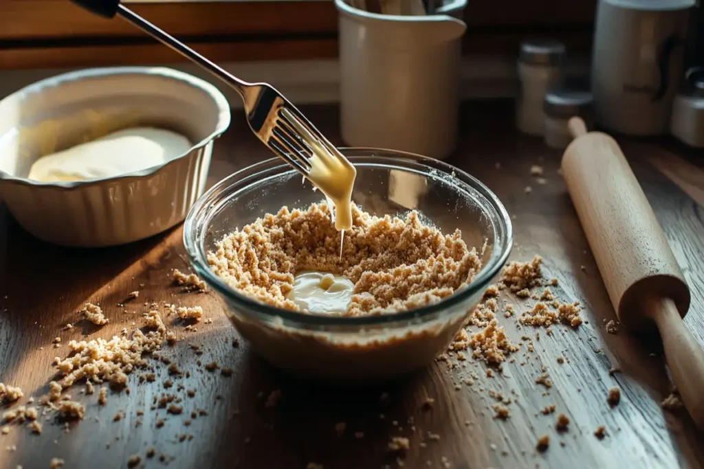 A glass bowl filled with crumbled biscuit mix and a drizzle of melted butter being stirred with a fork, set on a rustic wooden table surrounded by baking tools