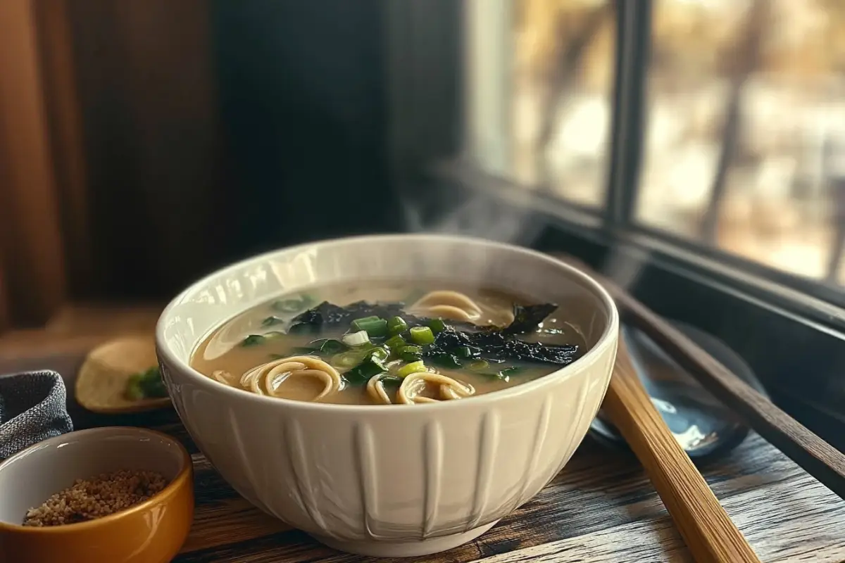 A steaming bowl of mushroom miso soup garnished with scallions and seaweed, served in a ceramic bowl with chopsticks on a rustic wooden table.