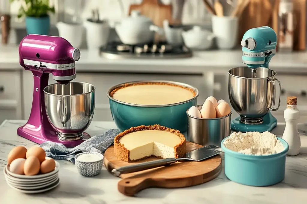 A bright and inviting kitchen setup featuring a freshly baked cheesecake with a slice cut out, surrounded by ingredients like eggs and flour, alongside vibrant purple and blue stand mixers