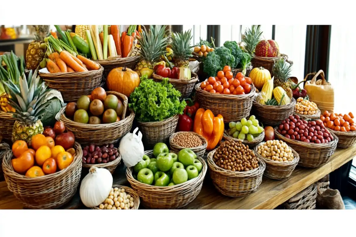 An assortment of fresh fruits, vegetables, and legumes arranged in wicker baskets on a large wooden table in a well-lit classic kitchen.