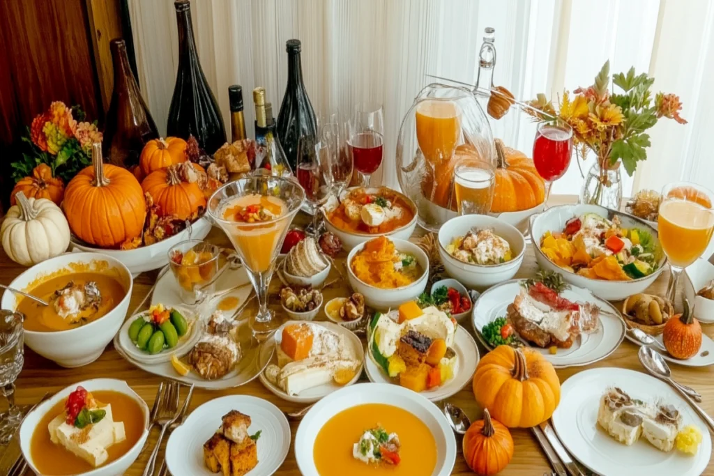 A beautifully arranged table filled with a variety of pumpkin-based dishes, desserts, and drinks, decorated with pumpkins and autumn-themed accents.