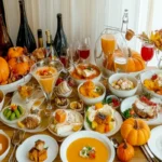 A beautifully arranged table filled with a variety of pumpkin-based dishes, desserts, and drinks, decorated with pumpkins and autumn-themed accents.