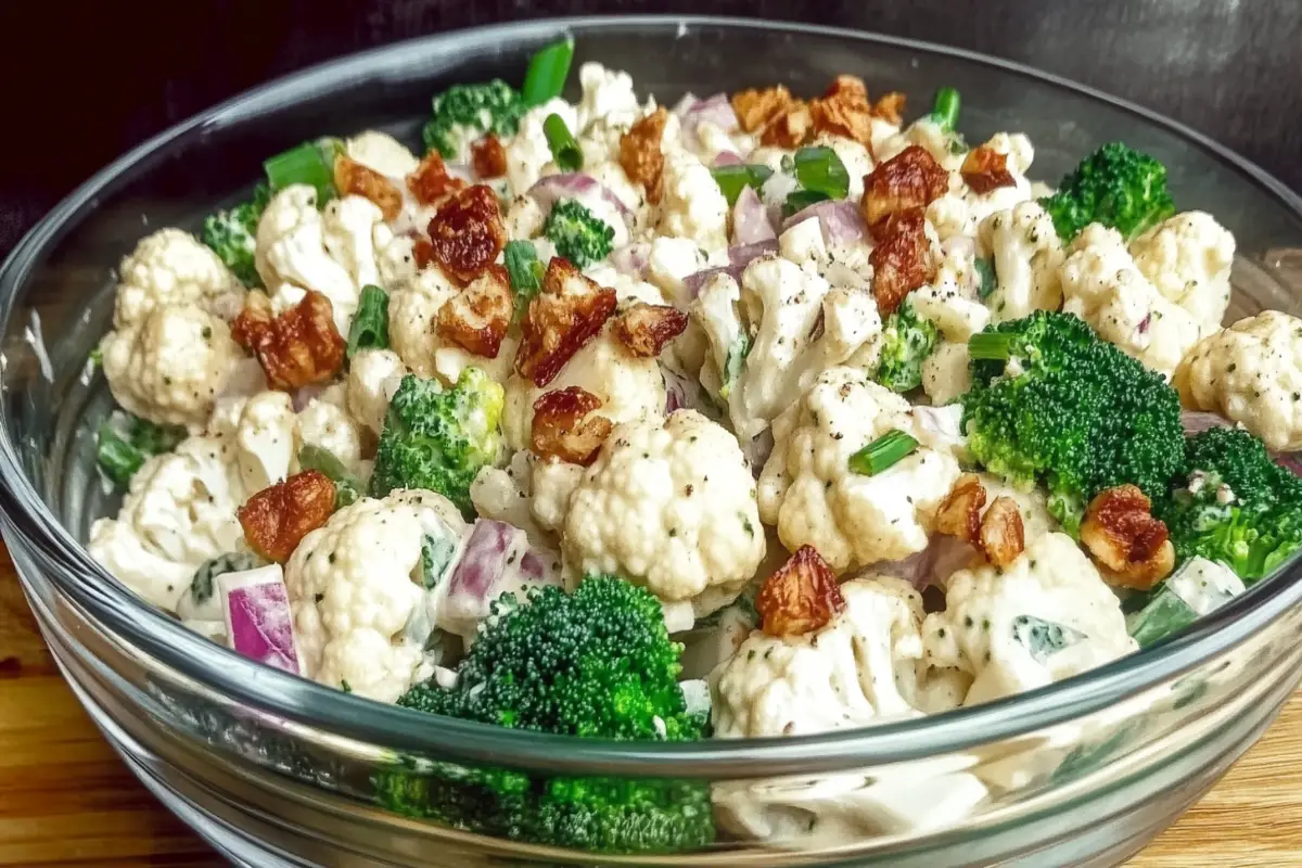 A glass bowl filled with a fresh broccoli and cauliflower salad topped with crispy bacon bits, diced red onion, and chopped green onions