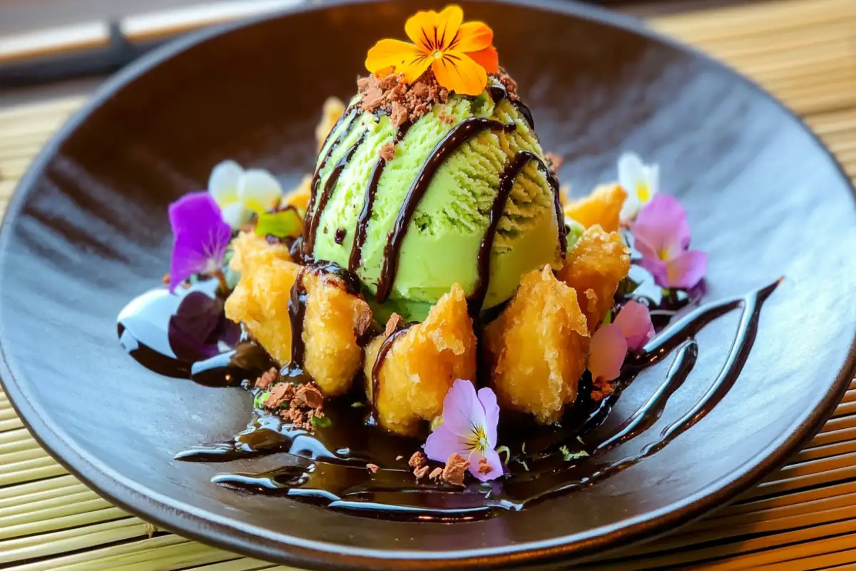 A beautifully plated tempura ice cream dessert with green tea ice cream, golden fried tempura pieces, chocolate drizzle, and edible flowers