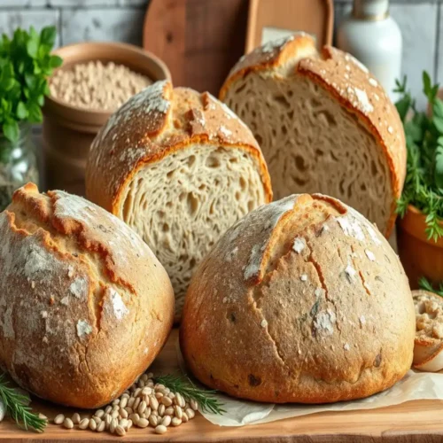 Artisanal sourdough bread loaves with golden crusts and soft airy crumb, surrounded by fresh herbs and grains on a rustic wooden surface