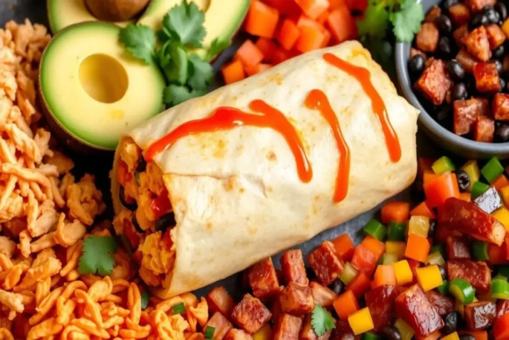 A Hot Cheetos burrito drizzled with hot sauce, surrounded by diced vegetables, avocado, shredded cheese, and black beans for a flavorful meal