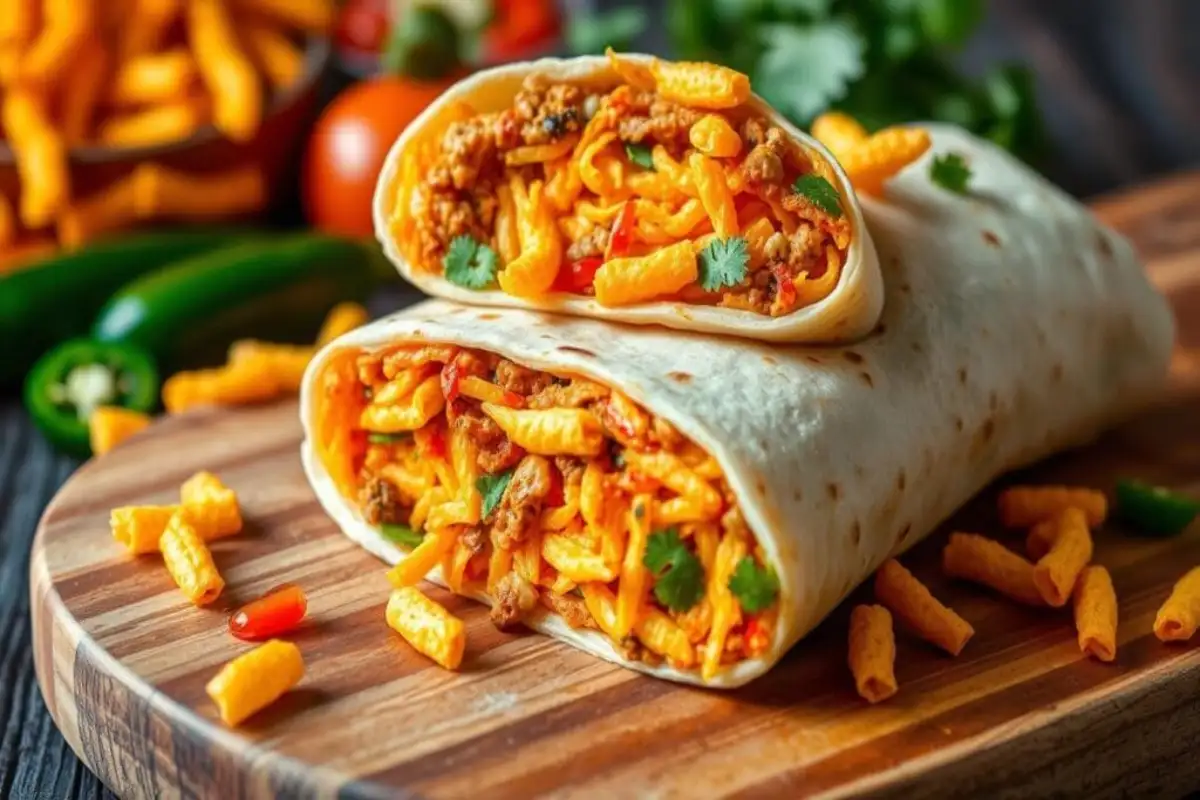 A vibrant Hot Cheetos burrito filled with spicy cheese, ground meat, and garnished with fresh cilantro, resting on a wooden board