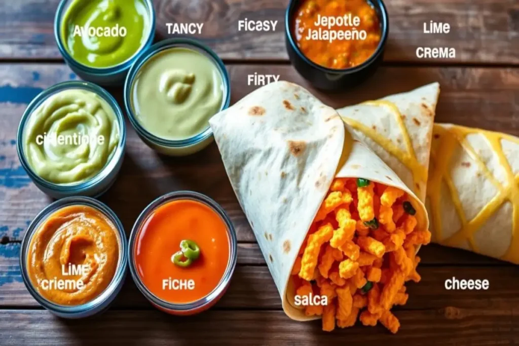 A Hot Cheetos burrito paired with various sauces like avocado, lime crema, and spicy salsa, labeled for a vibrant and creative presentation