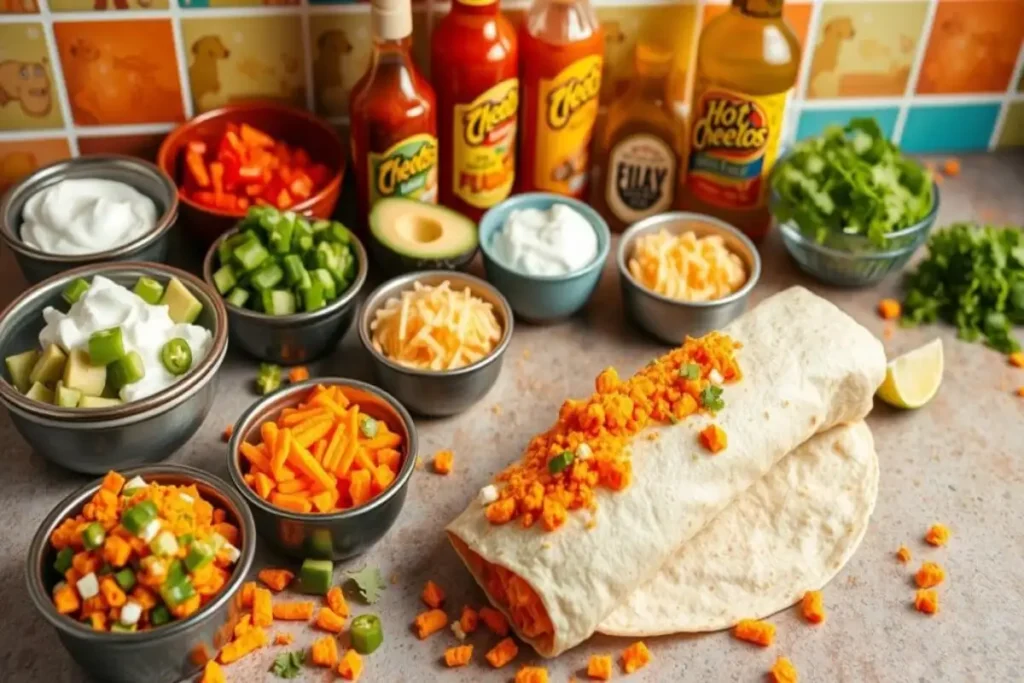 A vibrant Hot Cheetos burrito filled with spicy cheese, ground meat, and garnished with fresh cilantro, resting on a wooden board