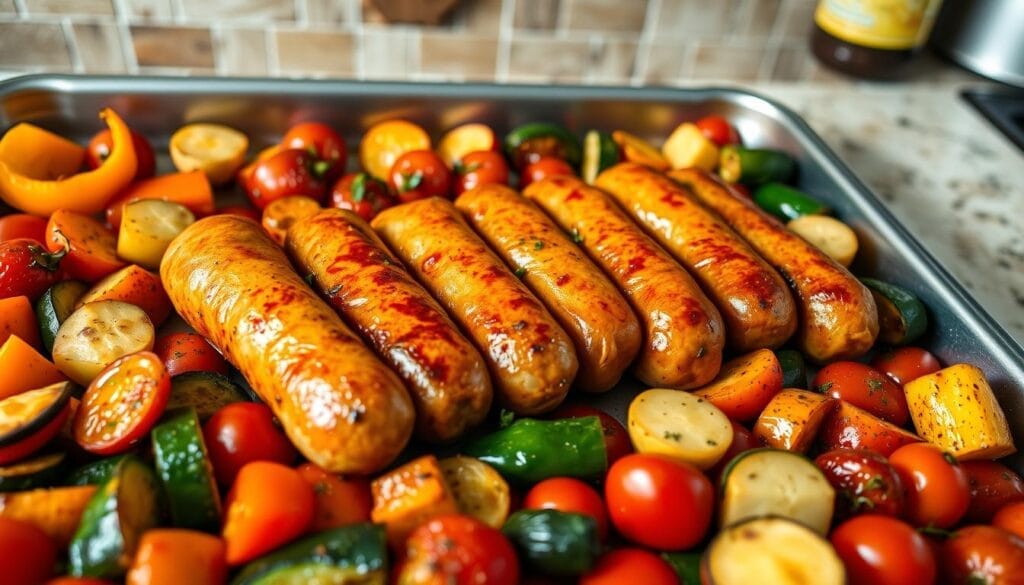 A sheet pan filled with roasted sausages and colorful vegetables, including cherry tomatoes, zucchini, and bell peppers