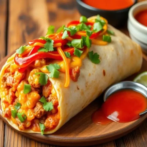 A flavorful Hot Cheetos burrito topped with melted cheese, fresh cilantro, and sliced red peppers, served with a side of hot sauce and lime