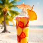 A vibrant Bahama Mama tropical smoothie with strawberries, pineapple, and whipped cream served on a sunny beach