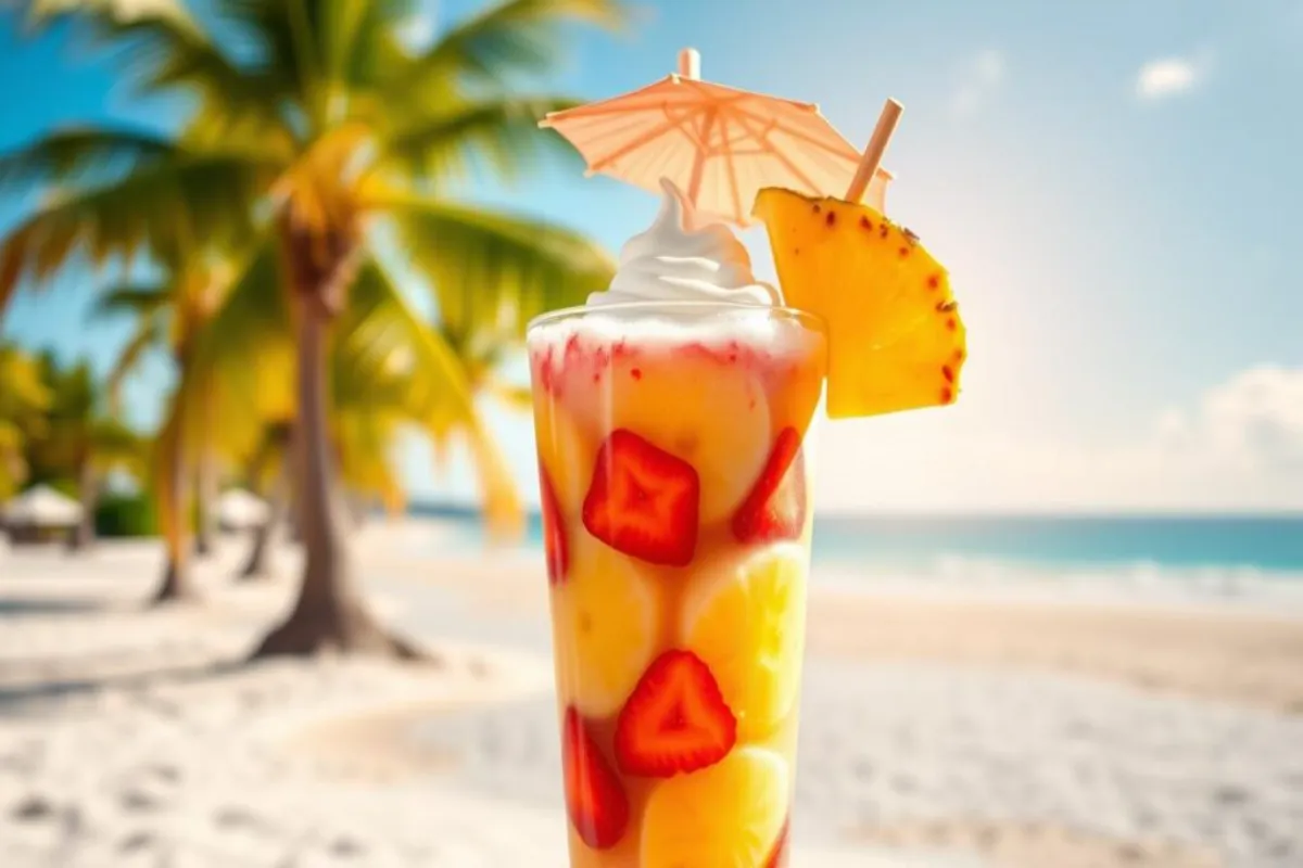 A vibrant Bahama Mama tropical smoothie with strawberries, pineapple, and whipped cream served on a sunny beach