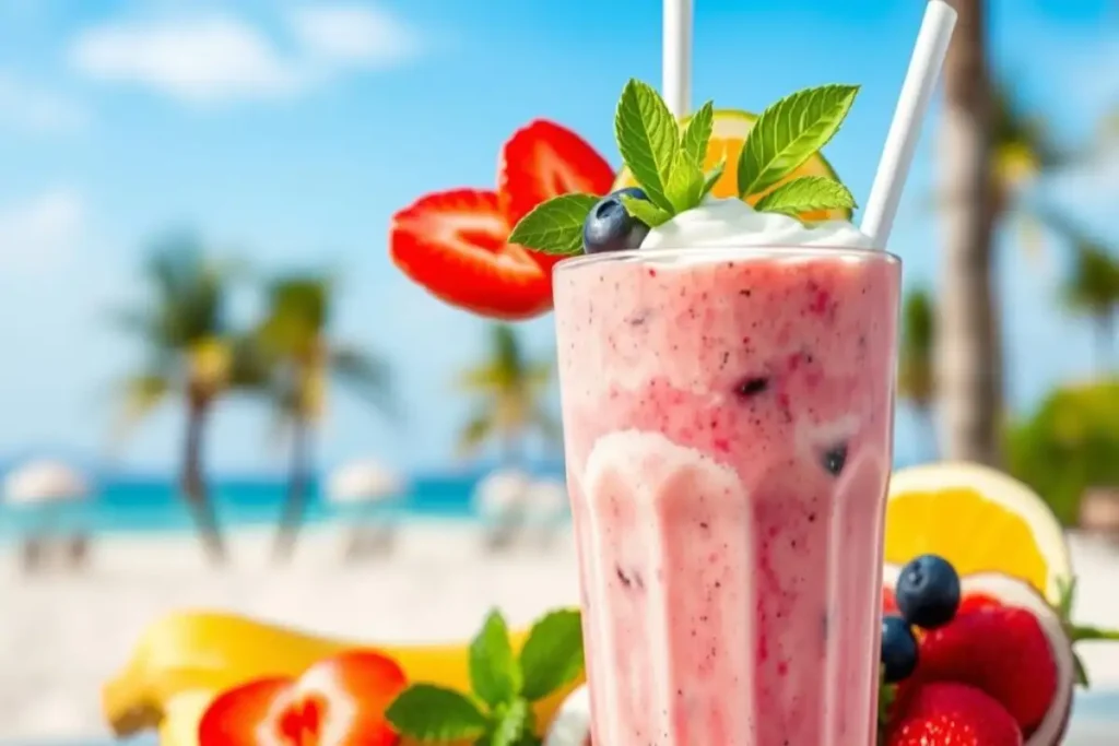 Berry tropical smoothie topped with whipped cream, fresh strawberries, blueberries, mint, and a sunny beach backdrop