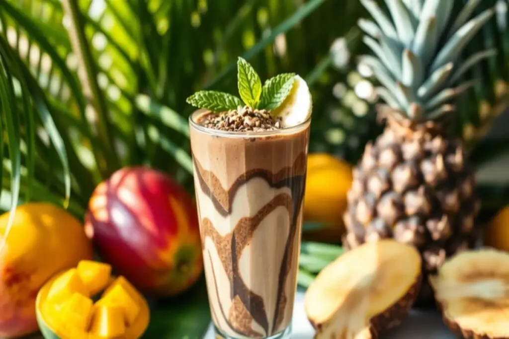 Chocolate tropical smoothie with banana, pineapple, mango, and mint garnish, surrounded by fresh tropical fruits and greenery