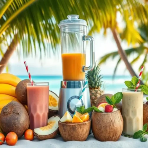 Refreshing tropical smoothies with a blender, fresh fruits like bananas, coconuts, pineapples, and melons on a sunny beach