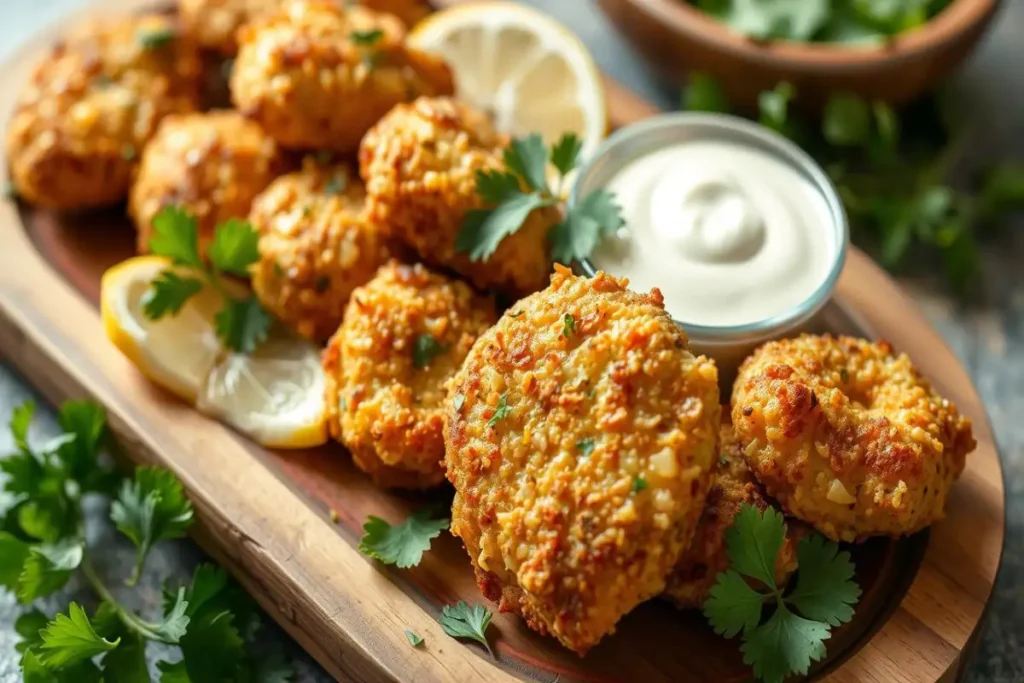 A close-up of golden-brown crispy fritters garnished with parsley, served on a wooden platter with lemon slices and a creamy dipping sauce