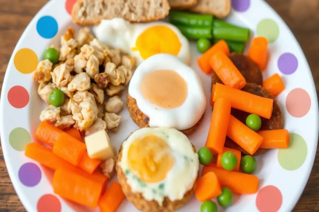 Nutritious toddler lunch plate featuring boiled eggs, carrots, peas, bread, and cheese – great lunch ideas for 1 year old