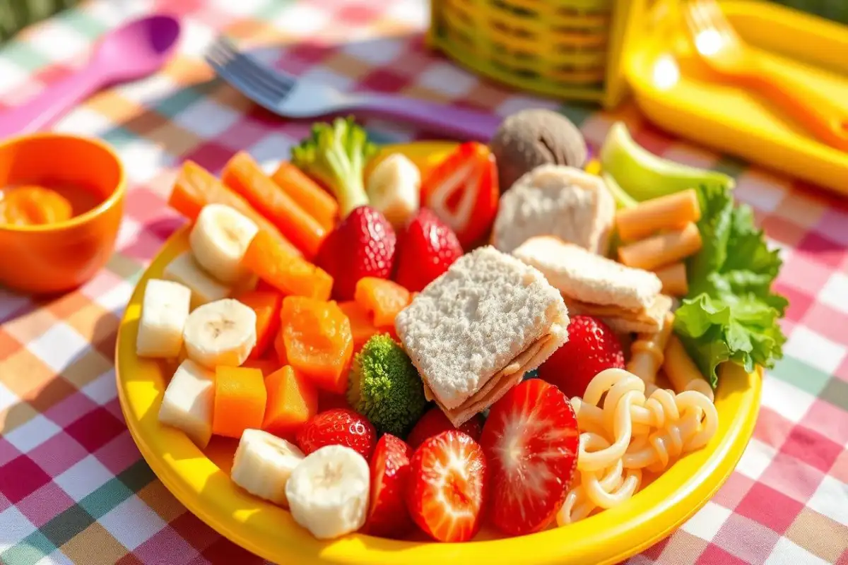 Colorful toddler lunch plate with fruits, vegetables, mini sandwiches, and pasta – perfect lunch ideas for 1 year old