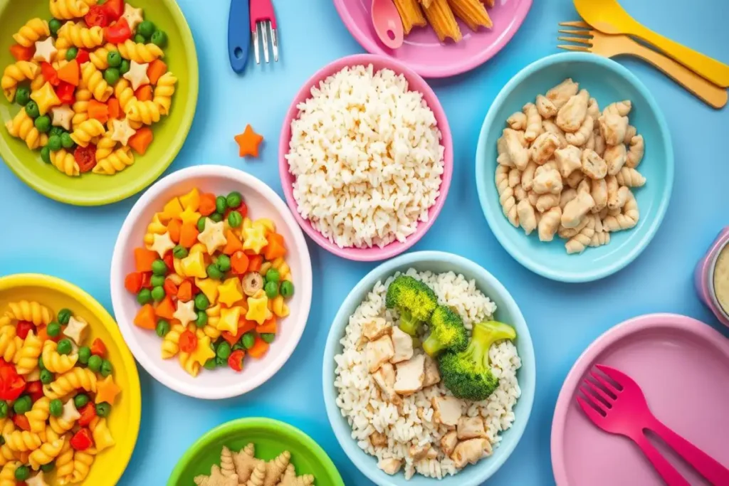 Colorful toddler meal ideas featuring bowls of pasta, rice, vegetables, and chicken – perfect lunch ideas for 1 year old