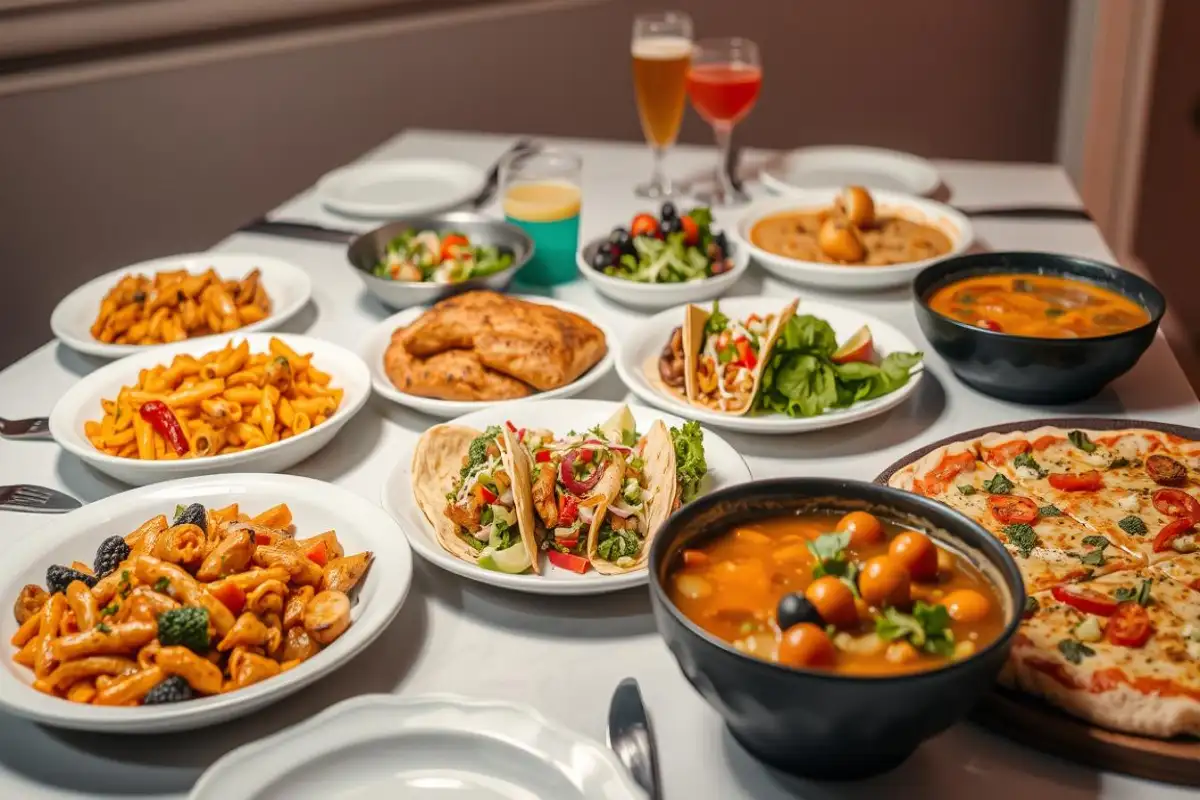 A variety of colorful dishes, including pasta, tacos, salads, soups, and pizza, served on a white tablecloth with drinks in the background