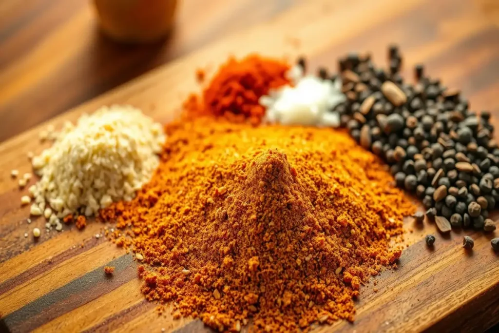 Assorted Cajun spices including paprika, garlic powder, black pepper, and more, arranged on a wooden board for an authentic seasoning blend