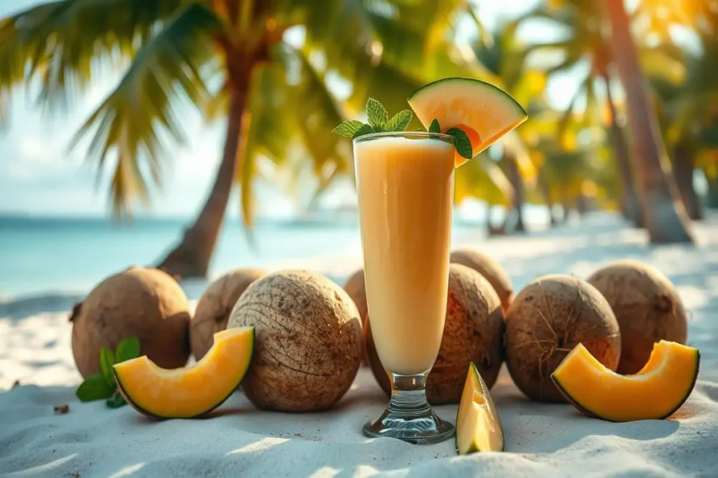 Melon coconut tropical smoothie in a glass, surrounded by coconuts and melon slices on a sunny beach with palm trees