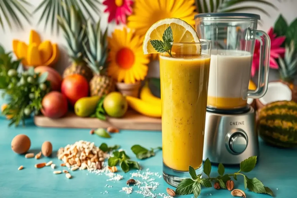  A vibrant yellow tropical smoothie garnished with lemon and mint, surrounded by fresh fruits, nuts, and a blender in a tropical setting