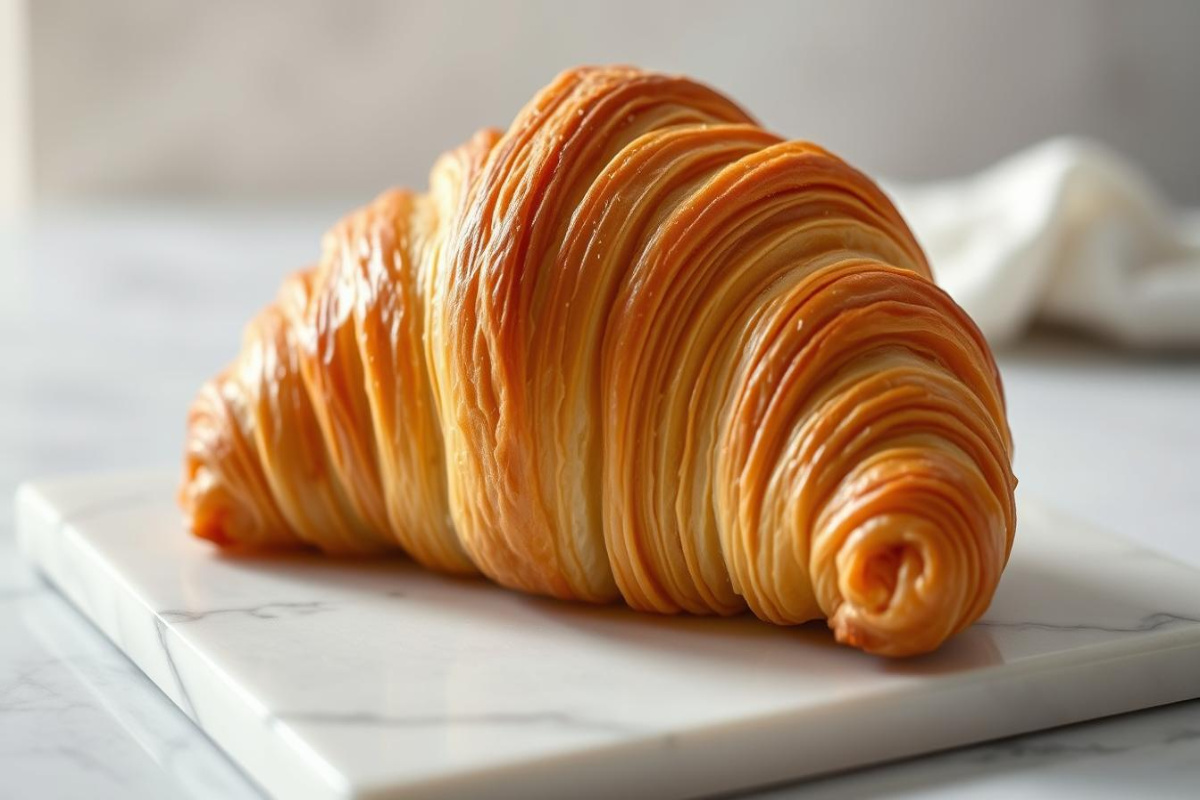 Perfectly baked Swiss Gipfeli with golden, flaky layers on a marble surface