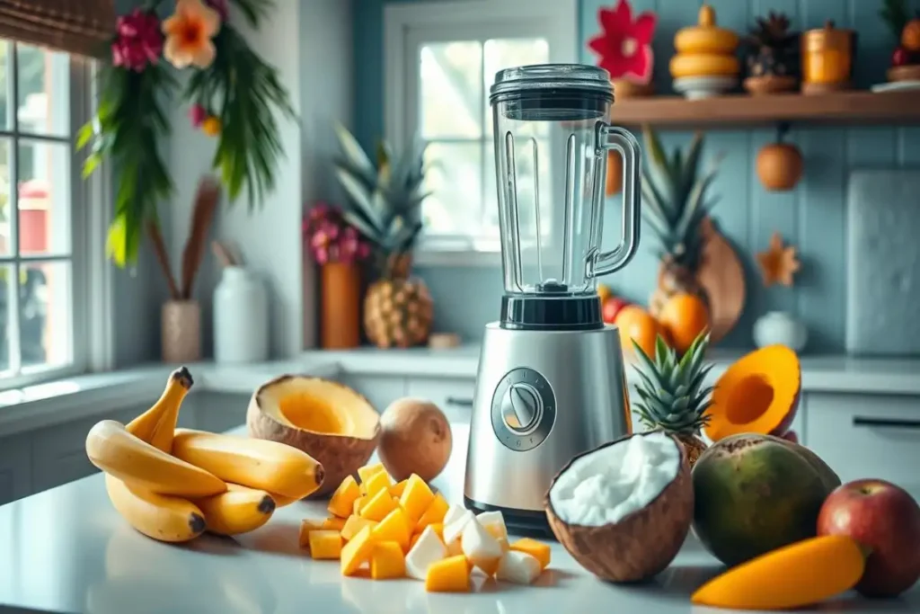 A blender surrounded by tropical fruits, including bananas, mangoes, coconuts, and pineapples, in a sunny kitchen with island-inspired decor