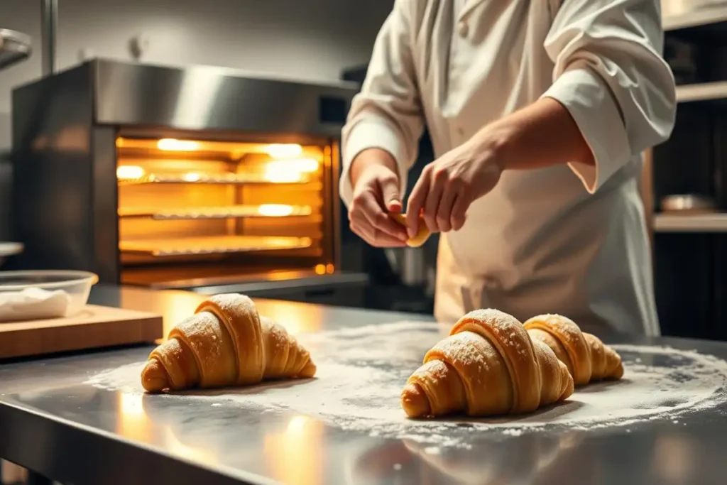 Chef preparing Gipfeli dough with croissants on a floured countertop near a glowing oven