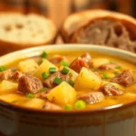 Bowl of creamy Cajun Potato Soup with sausage chunks, potatoes, and garnished with fresh green onions, served alongside rustic bread