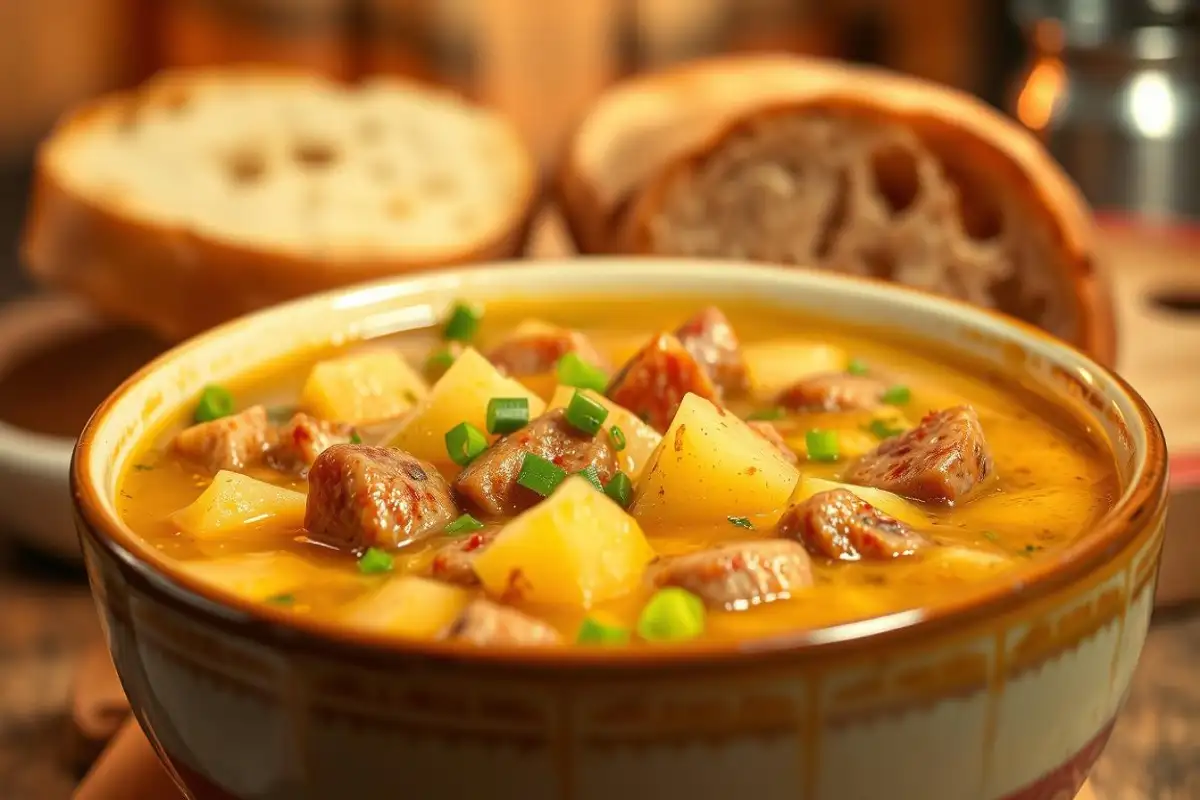 Bowl of creamy Cajun Potato Soup with sausage chunks, potatoes, and garnished with fresh green onions, served alongside rustic bread