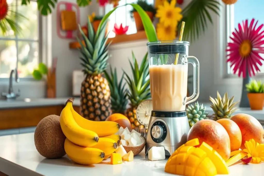 A blender filled with a creamy tropical smoothie surrounded by bananas, pineapples, mangoes, and coconuts in a colorful kitchen