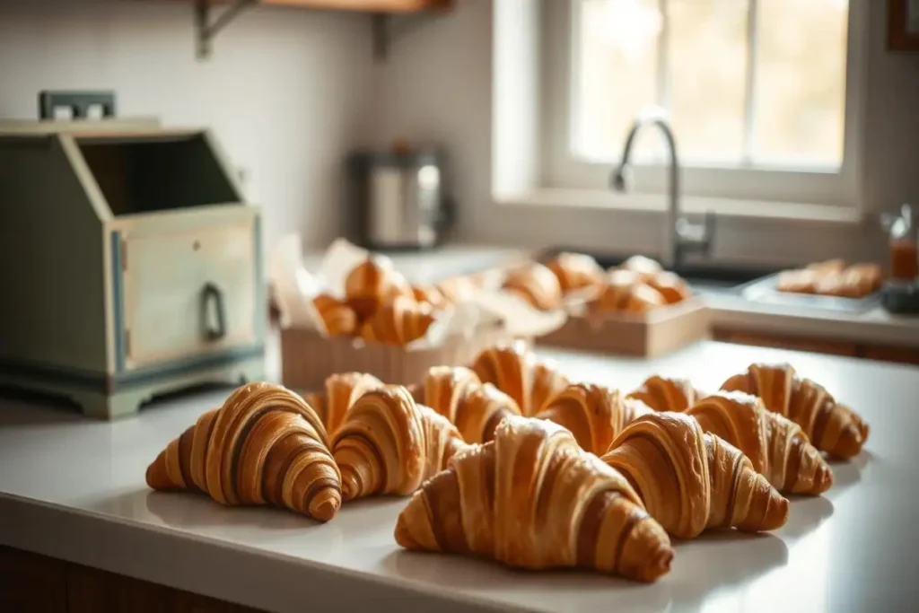 Freshly baked Swiss Gipfeli arranged on a kitchen countertop, glowing in natural light