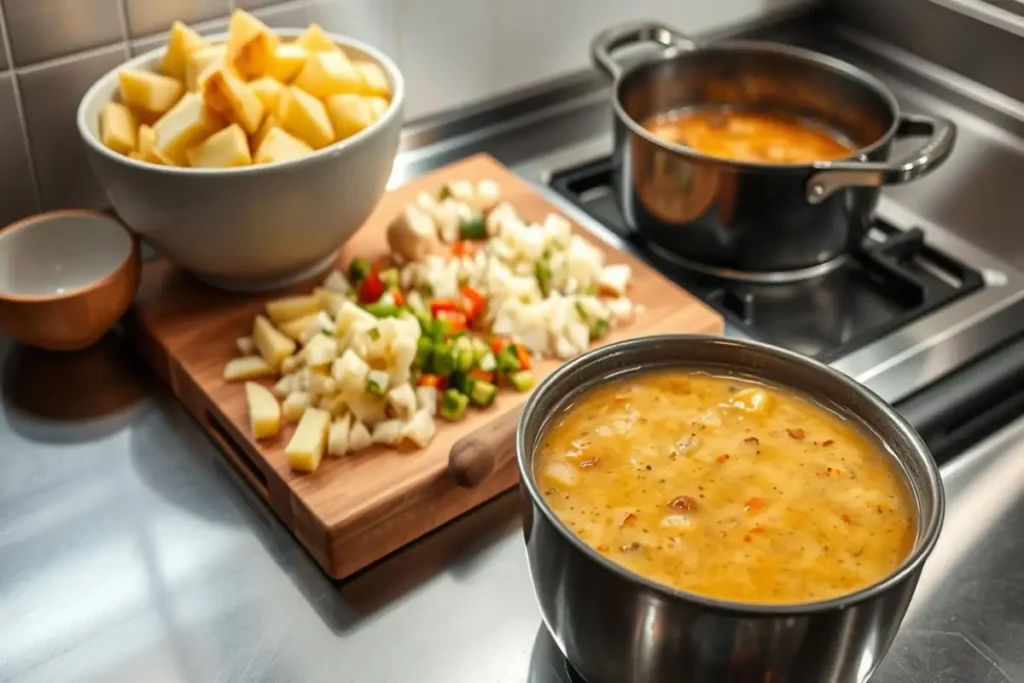 Preparation of Cajun Potato Soup with chopped vegetables, diced potatoes, and simmering soup on a stovetop