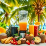 Colorful tropical smoothie ingredients and drinks with fruits, coconuts, and a blender in a beach setting under palm trees