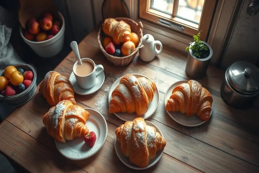 Breakfast table set with freshly baked Swiss Gipfeli, powdered with sugar, served with fruit and coffee by a sunny window