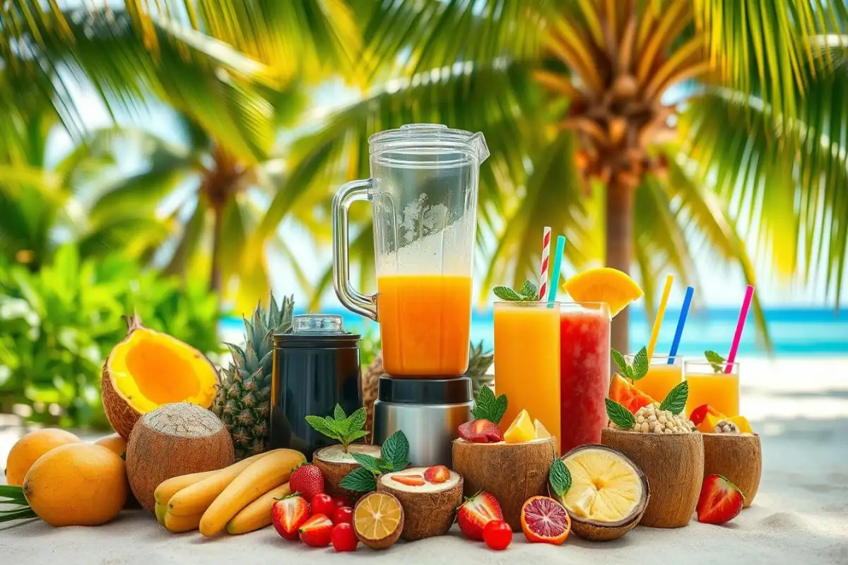 Colorful tropical smoothie ingredients and drinks with fruits, coconuts, and a blender in a beach setting under palm trees