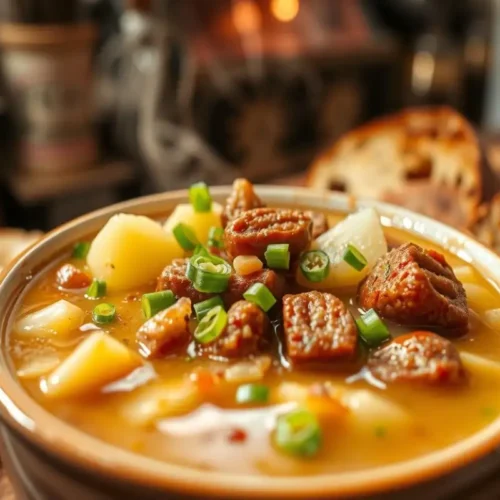 A hearty bowl of Cajun Potato Soup filled with sausage, tender potatoes, and topped with fresh green onions, served alongside crusty bread