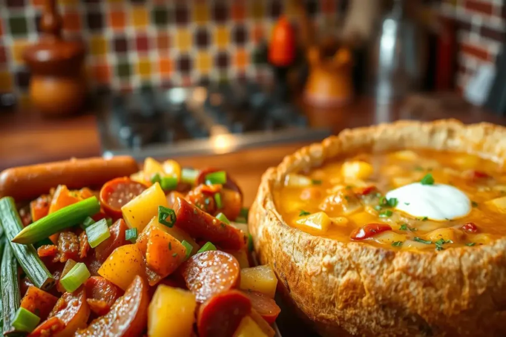 Rustic Cajun Potato Soup served in a bread bowl, garnished with sour cream and parsley, accompanied by diced sausage and vegetables