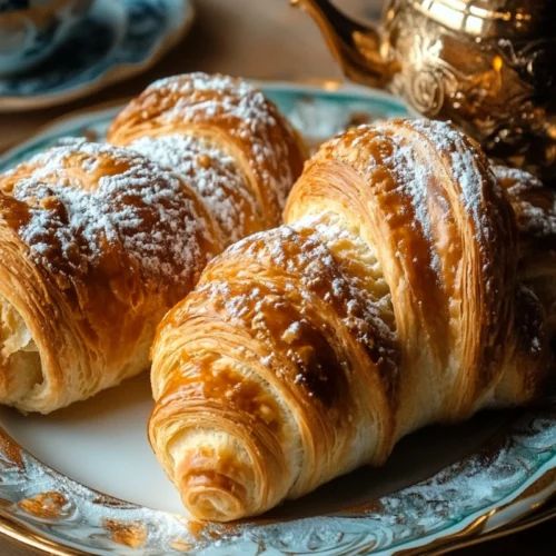 Two golden, flaky Gipfeli dusted with powdered sugar, served on a decorative plate with a vintage teapot in the background